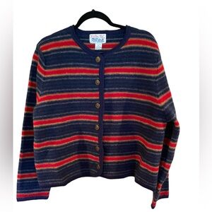 Vintage Tally Ho red and blue striped wool cardigan sweater, Size XL